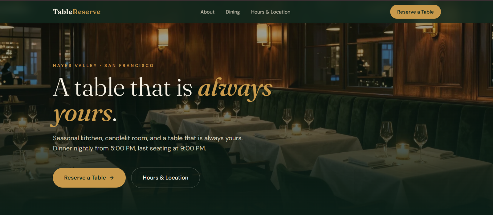 TBMS customer booking site — restaurant homepage with table reservation entry points