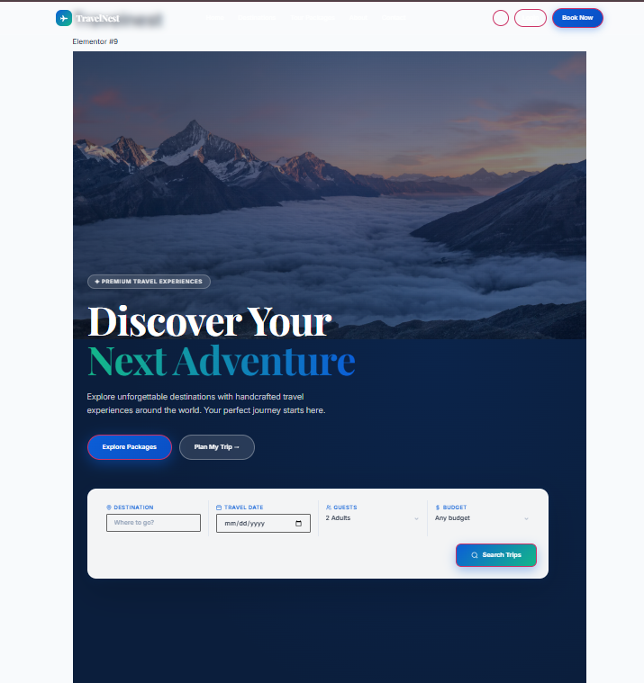 TravelNest — homepage with destination discovery hero and travel search